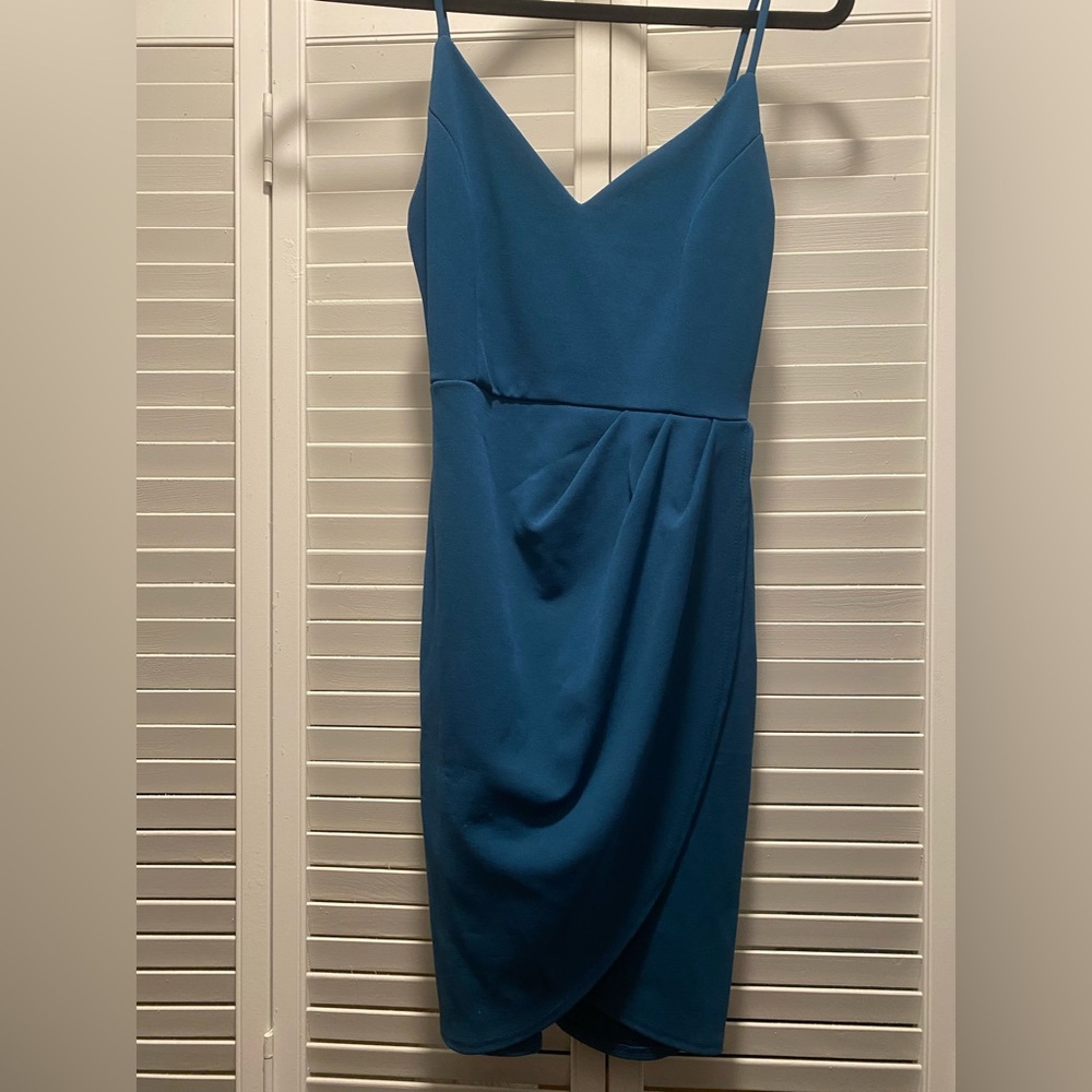 Lulu's Teal Asymmetrical Ruched Mini Dress - Picture 2 of 4